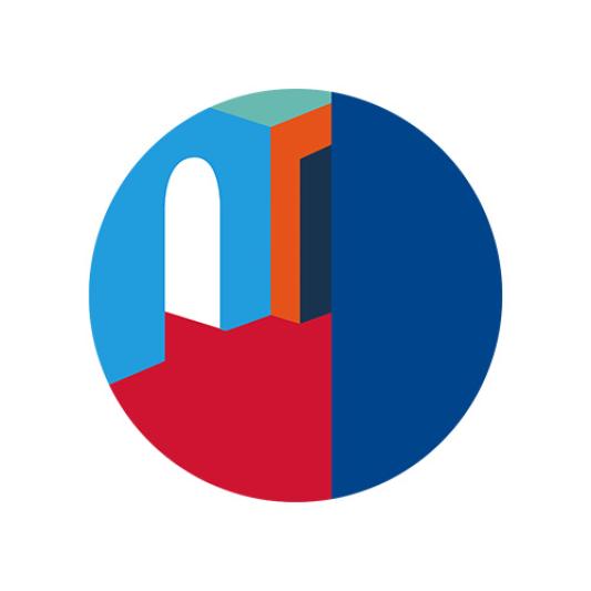 A circular logo that depicts buildings with bold, strong colors that match Saint-Gobain's branding