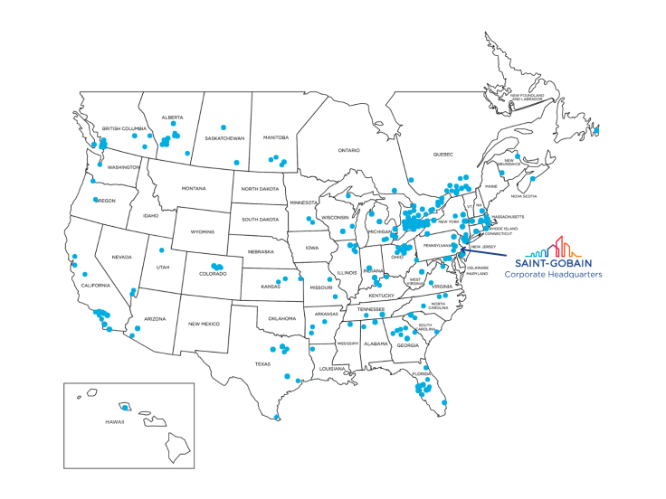 A map of Saint-Gobain highlighting manufacturing plants across North America, showing the opportunity for engineering and manufacturing jobs.
