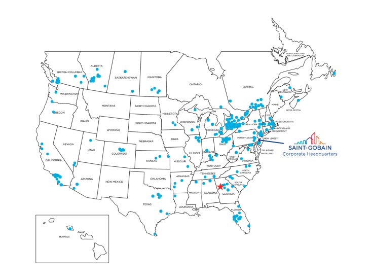 Map of North America with Saint-Gobain locations highlighted.  The headquarters in Malvern, PA is indicated by the Saint-Gobain logo. Peachtree City, GA is indicated by a red star