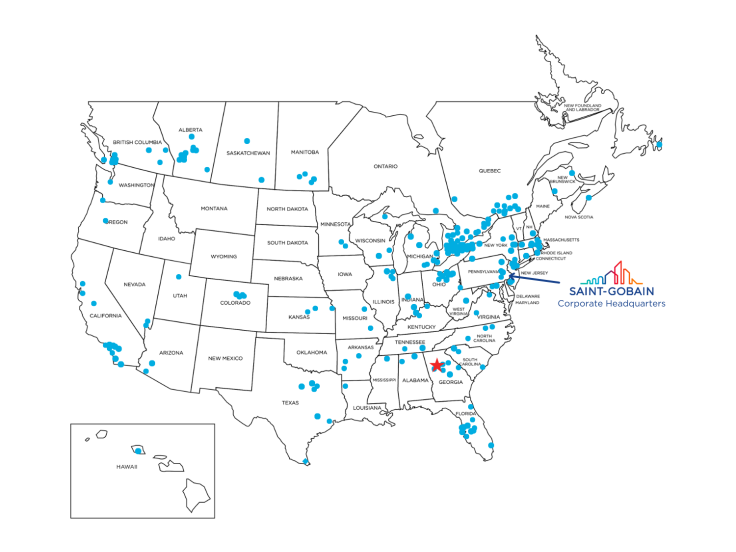 Map of USA showing Saint-Gobain locations with a star marking the manufacturing and operation jobs near Atlanta, GA.