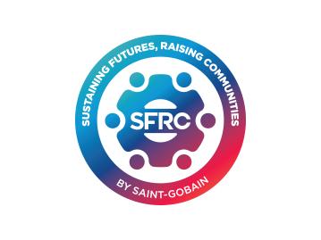 The logo is a gear in the center of a circle with the words "Sustaining Futures, Raising Communities by Saint-Gobain" around the circle and "SFRC" in the center